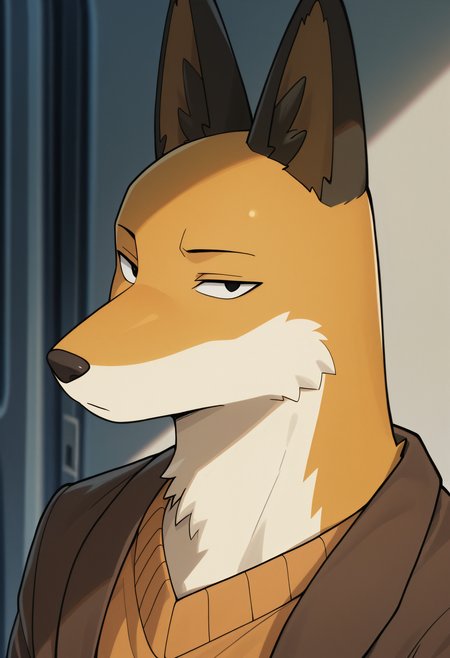 best quality, newest, absurdres, highres, (masterwork, masterpiece, best quality, hyper-detailed :1.3), 

1boy,


  y4m4m0t0, fox boy, black_eyes, brown jacket, orange jacket, side angle, close up, looking at viewer,

