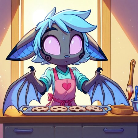 Dreamkeepers,1girl,Prelude_Vanth,solo,furry,source_furry,blue hair,wings,furry,bat wings,
child, kid, 
clay, rolling_pin, cookie_cutter, paintbrush, acrylic_paint, table, apron, oven_tray, ribbon, beads, sunlight, towel
Scene: A sunny kitchen table where someone rolls out soft clay with a tiny rolling pin, pressing a flower-shaped cookie cutter into it to form a pin. A paintbrush adds pastel colors, an oven tray waits to bake the piece, and a towel wipes sticky fingers. Beads and a ribbon lie ready to thread through, sunlight glints off the wet clay, and the little creation looks ready to bloom into a cute accessory
