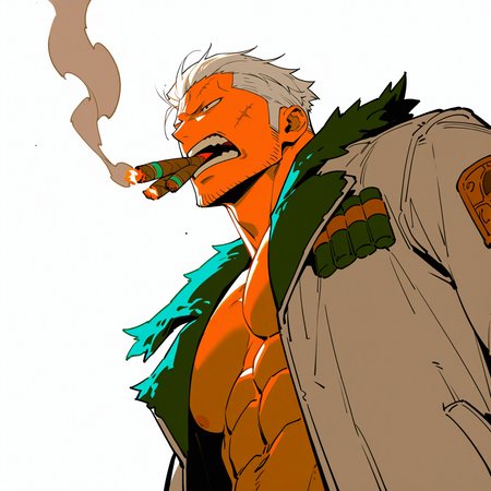 <lora:SMOKER:1>
smoker, solo, open mouth, short hair, simple background, 1boy, upper body, white hair, male focus, teeth, coat, muscular, facial hair, abs, smoke, mature male, sideburns, stubble, goatee, smoking, cigar, sideburns stubble, scar, manly
, dynamic perspective, detailed background, motion blur, film grain, abstract, natural lighting, fantasy, cinematic, dynamic view, tilted angle, very awa, masterpiece, best quality, absurdres, newest, perfect quality, detailed background, intricate details, (artist:fl \(l-fl\):0.7), (artist:tooboshoo:0.7), (artist:dizdoodz:0.8)