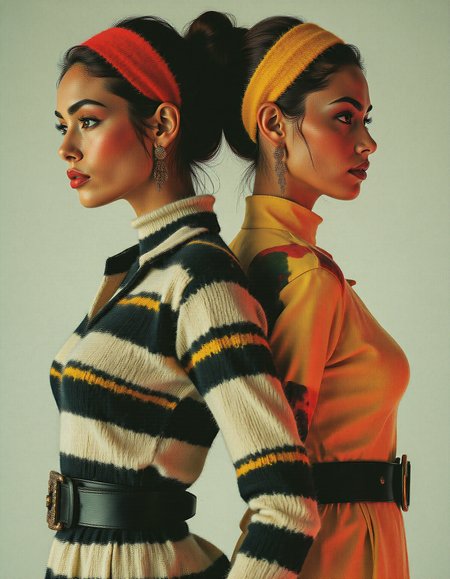 A highly detailed and artistic image but in vibrant colors. The image features two fashion models standing back to back, both wearing matching striped outfits. The outfits consist of long-sleeved, high-necked dresses with bold horizontal black and white stripes, cinched at the waist with wide black belts. The models also wear matching striped headbands that complement their dresses. One model is facing the camera with a confident expression, while the other is looking away, showing her profile. The background is simple and uncluttered, allowing the focus to remain on the models and their outfits. The overall mood is stylish and retro, capturing the essence of 1960s high fashion with vivid, eye-catching colors, 1960s, fashion shoot, extravagant, colorful outfit, beautiful model <lora:FLUX.1-DEV_-_Wild_1960s_Fashions_LoRA:0.8>, aidmaMJ6.1 <lora:aidmaMJ6.1v0.4:0.6>,  <lora:Luminous_Shadowscape:0.6>