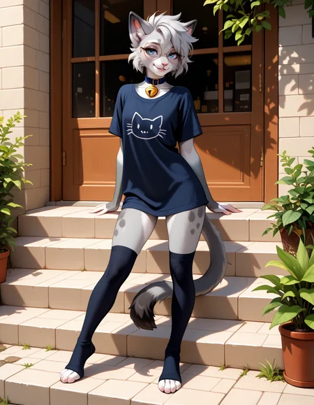 masterpiece, best quality, very aesthetic, absurdres,
outdoors, casual, 
full body, posing, 
seductive smile, parted lips, long eyelashes,
<lora:Nixuelle_v01_NAIXL:1>
Nixue11e,1girl,solo,furry,furry female, cat girl, cat ears, short hair, grey hair, blue eyes, round eyewear, snout, animal nose, collar, neck bell, body fur, two-tone fur, grey fur, white fur, cat tail,