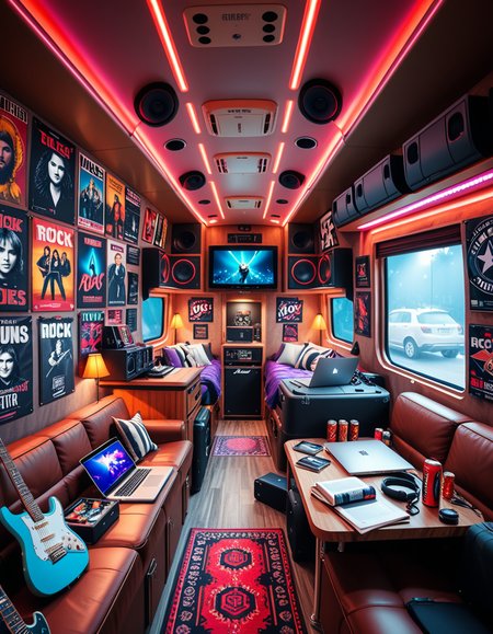 The interior of a modern RV customized for a rock band on tour. The space is stylish and lived-in, filled with musical gear like guitar cases, amps, and a drum pad. Posters of famous rock bands and tour memorabilia cover the walls. There are leather couches, a small kitchenette with snacks and energy drinks, and a cluttered table with laptops, cables, and setlists. A narrow hallway leads to sleeping bunks with personal items like headphones, books, and clothes tossed around. The lighting is warm with LED strips in red and purple tones, giving it a cozy but edgy atmosphere. A small TV displays concert footage, and speakers are mounted on the ceiling. The whole scene feels energetic, artistic, and chaotic in a creative way. Realistic style, rich colors, and highly detailed environment.
<lora:SDXLFaeTastic2400:0.4> <lora:extremely_detailed:0.4> extremely detailed <lora:r0ck_b4nd_rv:1>r0ck b4nd rv, Masterpiece,best quality,hi res,8k,hi res,8k,award winning,(sharp focus, intricate, highly detailed),