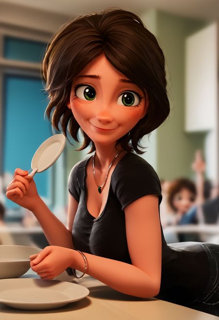 intricate details, score_9, score_8_up, score_7_up, score_6_up, score_5_up, source_anime, <lora:AuntCassBH6Pony1.0:1> auntcass, 1girl, brown hair, short hair, solo, black shirt, blurry background, bent over, taking dishes out of dishwasher, big breasts, side view, turned tward viewer,  <lora:OtherStyle_03:0.5>,  <lora:The_last_of_us_Style:0.3> <lora:pony_good_hands:1> good_hands, better_hands, 3D, cleavage, green eyes, bracelet, holding plate, smile, necklace, deep cleavage, small mouth
