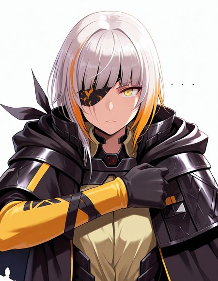 Volumetric Lighting, (masterpiece), (best quality), (ultra-detailed), masterpiece, source_anime, score_9, score_8_up, score_7_up BREAK, illustration, disheveled hair, detailed eyes, perfect composition, moist skin, intricate details, detailed eyes, detailed face, detailed fingers BREAK, yellow eyes, white hair,streaked hair, blonde hair, very long braid, single braid, scar across eye BREAK, m16boss, boss_eyepatch, boss_shirt, boss_coat, boss_capelet, boss_yellow_sleeves, boss_gloves, boss_black_arm_ribbon BREAK, (((white background))), looking at viewer, upper body, face focused