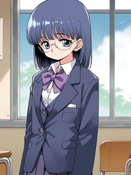 <lora:ingen3XL_pony_8:0.8> score_9, source_anime 1girl,  solo, looking at viewer, indoors
okamoto hitomi, glasses, blazer, white shirt, purple bowtie, long sleeves, pleated skirt, buttons,