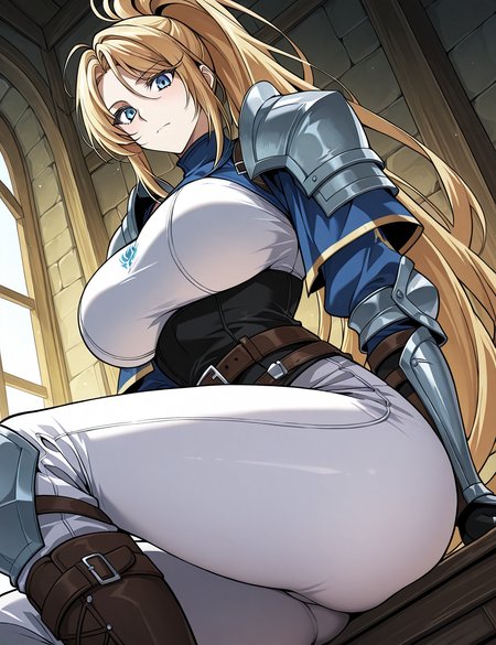 <lora:Kiri_Frodmain Illustrious:1>
1 girl, solo, blue eyes, blonde hair, long hair, ponytail, bangs, large breasts
armor, gauntles, boots, breastplate, belt, shoulder armor, pauldrons, white pants
zPDXL3, score_9_up, score_8_up, score_7_up, (Anime_source),Masterpiece,(perfect female body:1.2), small waist, (incredibly detailed:1.4), 1 girl, slim, beautiful fingers, beautiful white skin, Beautiful clear skin, (big breasts:1.4), ((looking at viewer)), big breasts, ass, perfect ass, sitting, from below, looking down