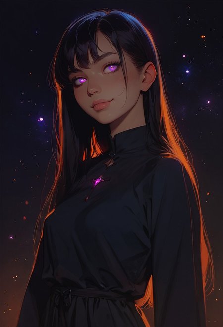 score_9, score_8_up, score_7_up, 1girl (glowing purple eyes, long black hair, small breasts), 26 years old, straight hair, bangs, black sheath dress, night, (subtle smile:0.8), proud,