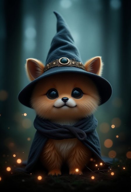 small adorable quokka, smiling, happy, dressed like a wizard, pointy hat, in a dark mythical wood, sourround by fireflys, looking very cute but has a mystical and magical aura around itself <lora:zhibi_flux:1>