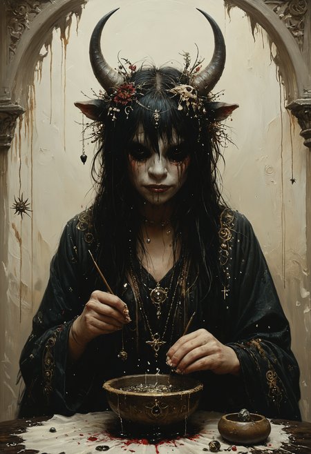 cute, cuddly, adorable, (occult:1.3), witchcraft, demon summoning, demonic possession, devil worship, voodoo,, LED Lighting, fantasy, intricate, elegant, highly detailed, lifelike, photorealistic, digital painting, artstation, illustration, concept art, smooth, sharp focus, art by John Collier and Albert Aublet and Krenz Cushart and Artem Demura and Alphonse Mucha <lora:add-detail-xl:0.8> <lora:Melting_world:0.8>