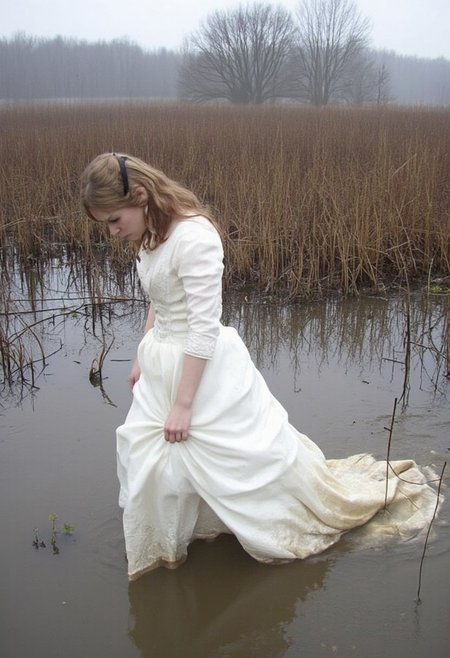 aesthetic2000s, perfect face, Young woman, mid-20s, full-body view, light brown wavy hair, fair skin, wearing an edwardian wedding gown, standing in profile with head slightly bowed, somber expression, no visible makeup, natural look, scene set in an outdoor marshland, wading through muddy waters, staining wedding dress with mud, visible reeds and bare trees, overcast sky, mist in the background, muted earthy tones, soft lighting, capturing a serene, introspective mood, low lighting, eerie sky and atmosphere, amateurish photo quality, aesthetic_pos3