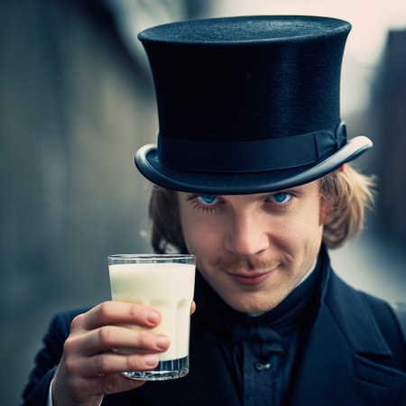 cinematic film still of  <lora:perfection style:0.5> <lora:detailed:0.5> perfection detailed
 <lora:Clockwork Orange film style:0.9>
Alex In a futuristic dystopian Britain a man in a top hat holding a glass of milk,solo,looking at viewer,smile,blue eyes,1boy,hat,male focus,cup,portrait,drinking glass,realistic , cinematic, film, kodak, Clockwork Orange film style, shallow depth of field, vignette, highly detailed, high budget, bokeh, cinemascope, moody, epic, gorgeous, film grain, grainy
