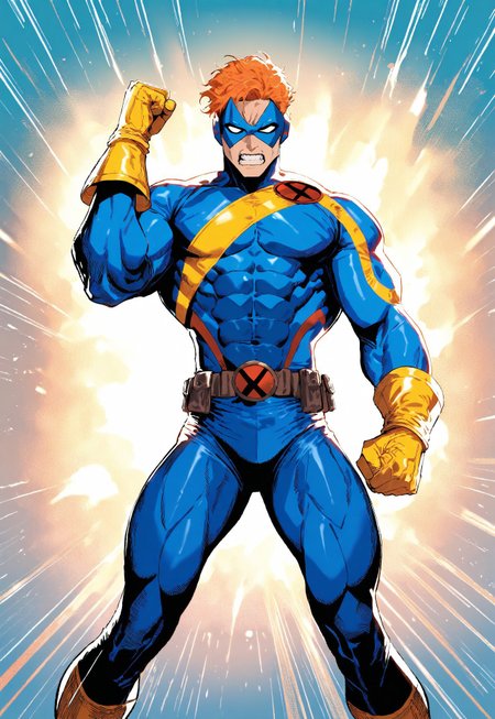 masterpiece, high score, great score, absurdres, SUP3RH3R0 Style, male focus, 1boy, solo, bodysuit, superhero, blue bodysuit, muscular, gloves, yellow gloves, teeth, clenched teeth, belt, orange hair, muscular male, clenched hand, abs, mask, comic art style