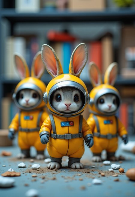 a bunch of tiny micro space angry bunnies wearing yellow and blue space suit, with a round helmet with metalic rabbit ears, exploring office space, funny, playful, high-speed action shot. cinematic wide angle , raw, analog blankmj l10nhe43t