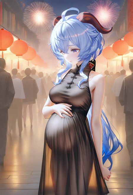 ganyu \(genshin impact\), 1girl, horns, fireworks, hand on own stomach, dress, blue hair, breasts, long hair, ahoge, purple eyes, black dress, sleeveless, night, sleeveless dress, bare shoulders, crowd, bangs, large breasts, festival, sidelocks, outdoors, solo focus, goat horns, closed mouth, standing, paper lantern, hair between eyes, pregnant <lora:fantasyFeederXL_NBVP1_lokr_V6311PZ:0.95>