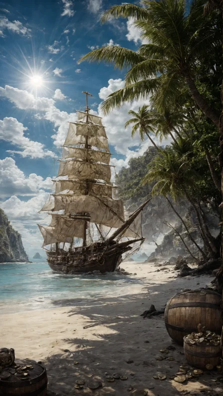 (illustration:1.2), (beautiful caribbean beach pirate landscape), fantasy, sharp focus, (ultradetailed), (ship galleon:1.2), pirate (village), leafy beach coast, (treasure chest with coins, gems and jewels, rum barrel, best quality masterpiece, bright sunny sky, backlight, natural lights, high contrast, hdr, shadows, pretty, beautiful, (PirateDiffusionprt:0.5), <lora:Pirate:0.3> PrateT <lora:PirateRealms:0.3> <lora:Detail Tweaker LoRA add_detail:0.7> <lora:depth_of_field_slider_v1:5> <lora:SDXLrender_v2.0:0.8>