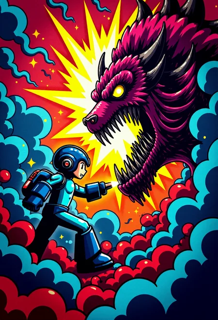<lora:Graffiti_Characters2_FLUX-000011 (1):0.9>
This is a vibrant, stylized digital drawing set against a dramatic, abstract background, of a  Megaman firing his arm laser at a monster