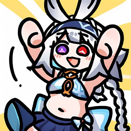 masterpiece, best quality, <lora:muarani-xl:1>, <lora:50Gchibi-v2-xl-a31:1>,
muarani, 1girl, solo, animal ears, navel, rabbit ears, skirt, open mouth, long hair, smile, arms up, braid, midriff, looking at viewer, bangs, sleeveless, full body, white hair, blush, crop top, white background, blue footwear, red eyes, purple eyes, blue hair, shirt, bright pupils, sleeveless shirt, jumping, yellow background, bow, boots, hairband, white pupils, blue skirt, breasts, :d, single braid, simple background, teeth, two-tone background, upper teeth only, multicolored hair, grey hair, very long hair, bunny pose, shoes