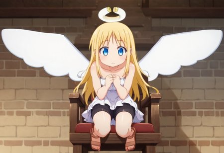 crimvael \(interspecies reviewers\),, blue eyes,blonde hair,long hair,angel,halo,wings,white dress,strapless,bare shoulders,bike shorts,sandals , thighhighs, indoors , sitting on chair,  score_9, score_8_up, score_7_up, ,source_anime, best quality, masterpiece,   , full body view ,   garter straps, collarbone ,  1girl , solo , girl focus ,
