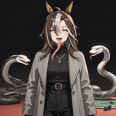 (indoor,sn4k3, snake, snake on shoulders, casino scene, poker table, (evil smile , 1girl, 1 women,dreamj,Tongue out,long Tongue out), dreamjourneysolo , umamusume , 
dream_journey_\(umamusume\) , 
1girl ), ahoge ,  animal_ears , asymmetrical_bangs , belt , black_background , black_pants , black_sweater , brown_hair , casual , coat , cowboy_shot , , 18 years old , 20 years old , women , 1 girl , eyewear_strap , glasses , grey_coat , half-closed_eyes , horse_ears , jewelry , long_sleeves , looking_at_viewer , multicolored_hair , necklace , open_mouth , pants , sleeves_past_wrists , solo ,  streaked_hair , sweater , sweater_tucked_in ,