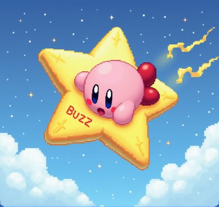 Kirby is lying on a star and flying through sky.
The star is labeled (âBUZZ").
16bit style