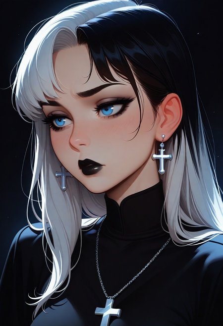 masterpiece, best quality, amazing quality, very aesthetic
Artist : Tsuaii, Artist : Incase, flat colors,
Goth girl, 1girl, solo, blue eyes, black hair, white hair, multicolored hair, goth makeup, black lips, cross earrings, cross necklace, soft lighting, contemplative expression, dark background, high-resolution, detailed texture, emotional depth, dramatic mood, serene atmosphere, cinematic lighting,