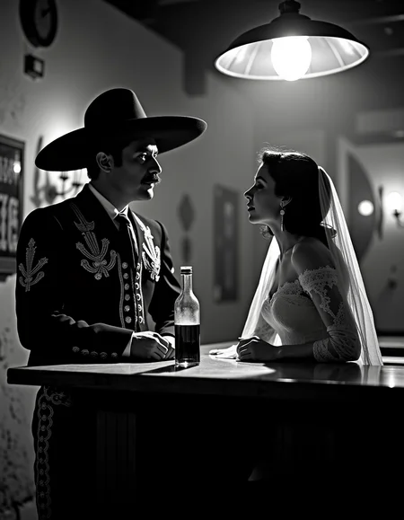 <lora:Mexican Noir Style-flux:1> mxnoirsty, black and white, dark, the Charro and the Femme Fatale (Mexican Noir Style, Shot on 35mm Ilford Black & White Film, High Contrast Lighting)
A rugged charro in a dark embroidered suit and wide sombrero leans against the wooden bar of a smoky cantina, a half-empty tequila bottle at his side. His sharp eyes, shadowed by his hat, watch a woman draped in a lace mantilla as she sings a slow, melancholic ranchera. Her red lips, though unseen in black and white, contrast against her porcelain skin. The only illumination comes from a single overhead lamp, casting stark, dramatic shadows across the peeling cantina walls. Shot with deep contrast and a touch of film grain, the tension between them is palpableâlove or betrayal lingers in the air.