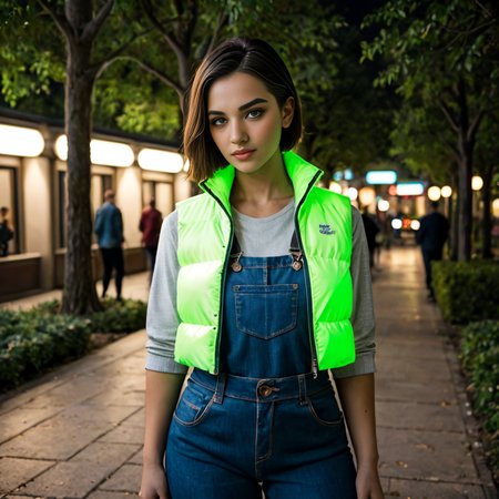 score_9, score_8_up, score_7_up,  professional 40 year old hispanic girls wearing (green and blue  cropped_puffer_vest_neon jacket),Crew cut  unique hair style, sexy, fully dressed, (overalls)  dramatic lighting, blushing, , after a long day of work,  at night, dark,park scene
 <lora:pony_cropped_puffer_jacket:0.6>