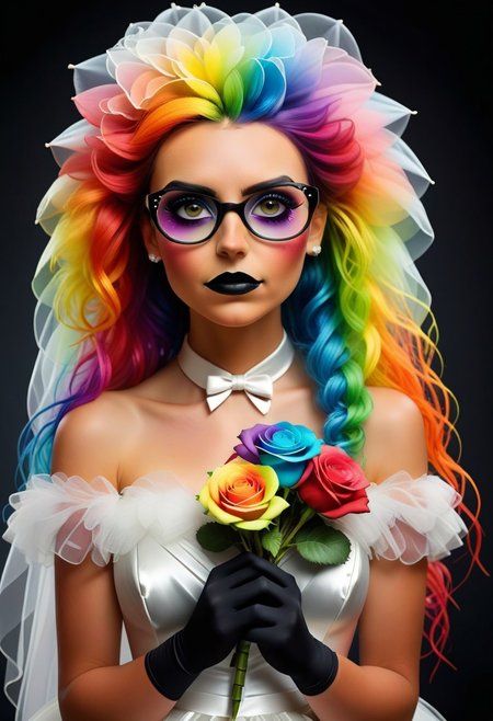 semi_realistic,1girl, upper body, detailed face, emo makeup, fluffy, rainb0w hair, veil, rainb0w bridal dress, bridal_veil, bridal_garter, elbow gloves, white ribbon, white silk, see-through, glasses, holding single rose flower, rainb0w rose, the  contur of the petals glow eerily white, dim light, intricate details, horror theme, cementary, detailed background, 
BL4CK3STBL4CK, black_theme, matte_color, flat color, diamondMW