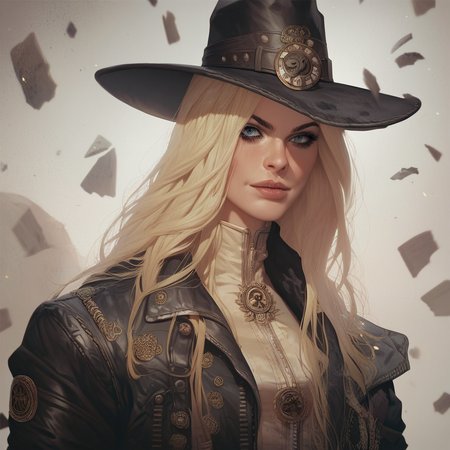 score_9, score_8_up, score_7_up, masterpiece, best quality, newest, absurdres, highres, DDstyle, official style, 1girl, GRDD-V1.1, hat, blonde, blonde hair, long hair, leather jacket, jacket,