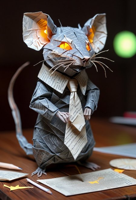 rat  made of paper, rat with tie, close up, textured paper, on wooden table, fluorescent, glowing eyes, paper computer, doing taxes, fluorescent, fluorescent dust, fluorescent spraypaint, glowing dust