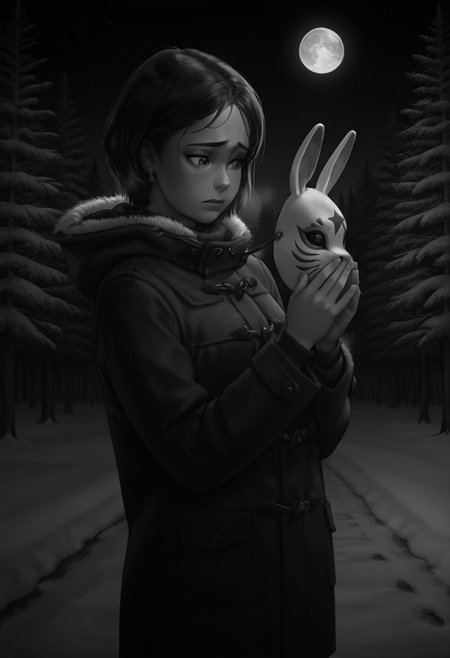 Graphic Design, greyscale, monochrome, intricate details, high contrast, detailed background, beautiful detailed, beautiful face, detailed eyes, detailed face, new, k4r1n4, 1girl, solo, jewelry, short hair, earrings, black hair, winter clothes, cowboy shot, looking at own hands, worried, forest, snow, winter, dark, night, moon, stars, holding realistic rabbit mask, (from side:0.8), (masterpiece, best quality, newest, recent, absurdres),