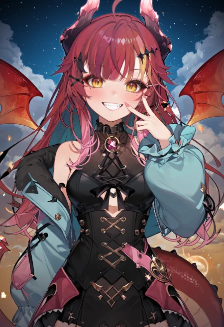 score_9_up, score_8_up, score_7_up, score_6_up, sourced_anime, 1girl, (SudaYoruka:1.1), dragon horns, dragon tail, dragon wings, (mini wings:1.2), highly detailed yellow eyes, looking at viewer, (crazy eyes:1), evil grin, 
interesting background, detailed background, aerial, cinematic angle, dynamic angle, (dynamic pose:1.3), gradient, starry sky, blue sky, cloudy sky, (finger gun:1), cowboy shot, moon, 
<lora:SudaYorukaXL_autismmixPony2:1.1>, <lora:Shine_colorful_XL_15E2B3A3C_RT:1.2>, (Shine colorful:1.2), <lora:add-detail-xl:0.5>, rating_safe, sfw, masterpiece, newest, absurdres