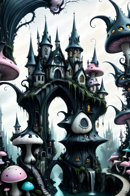 Cityscape filled with gothic and fairy architectures with abnormal angles. <lora:EnvyPastelGoth02-prodigy-batch6:1> <lora:SDXLFaeTastic2400:1> <lora:Goth_SDXL_V1:1> <lora:LowBrowXL:1> <lora:GothGirlLorav0.1:1>