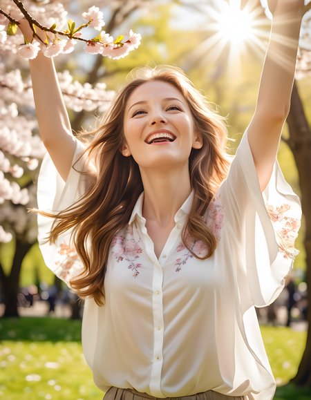 In a vibrant, sunlit park adorned with blooming cherry blossoms and lush greenery, a radiant woman named A5HL3YH, with her long, wavy brown hair cascading down her back and highlighted golden strands framing her face, stands alone in a soft, afternoon light. Her white shirt, adorned with delicate floral patterns, billows gently in the breeze as she gazes upwards, revealing a warm smile that radiates joy and contentment. The camera captures her from a slightly low angle, emphasizing her elegance and the playful dance of sunlight on her fair complexion. In the background, children's laughter can be heard, adding to the idyllic charm of the scene.