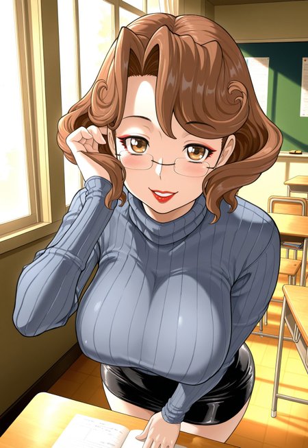 KandaMariaSensei, short hair, brown hair, glasses, mature female, smile, anime style, parted lips, school desk, window, 
blue-gray sweater, ribbed sweater, turtleneck, pencil skirt, hand in own hair, lip, makeup, standing, masterpiece, best quality, absurdres, amazing quality, masterpiece, smile