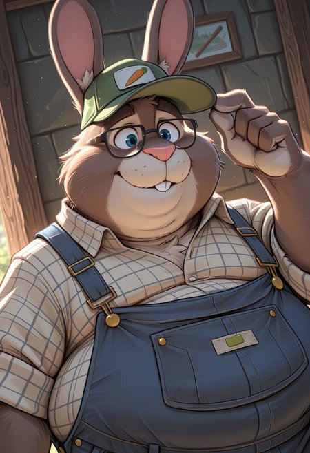 masterpiece, best quality, amazing quality, dutch angle, abstract background, BREAK
solo, 1boy, furry male, zoo_stu, rabbit boy, rabbit ears, blue eyes, trucker hat, glasses, overweight, plaid shirt, overalls, upper body focus, BREAK
<lora:cfg_scale_boost:.6> <lora:Stu_Hopps_-_Zootopia_-_ILXL:1>