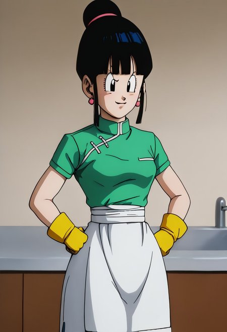 708, score_9, score_8_up, score_7_up, score_6_up, score_5_up, score_4_up, uncensored, 3D, blender, BREAK, chichi from dragon ball z, 
, shiny skin, detailed eyes, (bubble butt), wide hips, thick thighs, hyper hips, small breasts,pery breasts, gigantic ass, voluptuous, venus body, kitchen, quarter angle view, thin waist, slim waist,, smug, , Yelftea style, light green shirt, white apron, yellow gloves
