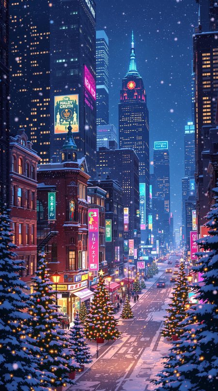 Christmas at night in another world, snowing, real high quality. A vibrant anime depiction of New York at night, with neon lights reflecting off skyscrapers and bustling streets, streets full of snow, snow falling from the sky, a mix of traditional and modern architecture, Christmas trees in the foreground.