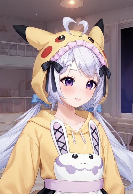 score_9, score_8_up, score_7_up, source_anime, 
detailed eyes, eye reflection,
(simfonira, source_reference,source_screen_good,   model_type_fox, ears_fox,   outfit_maid,  hair_tails, eyes_purple  , maid, purple eyes , twintails, long hair, hair bow,)
twintails, low twintails, ahoge,
hair bow, black bow,
<lora:pikachu-cosplay-ponyxl-lora-nochekaiser:1>,
pikachucosplay, pikachu \(pikachu\), character print, hood, hoodie, yellow hoodie,
indoors,
1girl, blush, smile,