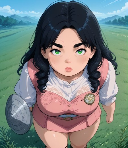 IllusP0s, PonyScores7, source_anime, ah1, IllustriousQual, interesting, exciting, spectacular, wonderful, amazing quality, absolutely eye-catching, 
BREAK <lora:xl_more_art-full_v1:0.2>, <lora:aesthetic_anime_v1s:0.2>, <lora:EpicF4nta5yXL:0.2>, <lora:detailxl:0.2>, detailxl, <lora:Fant5yP0ny:0.2>, amazing quality, best aesthetic, absurdres, illustration, Volumetric_Lighting, ultra-detailed, very aesthetic, intricate details, best_quality, <lora:Add_Details_v1.2:0.4>, <lora:quality_modifiers_masterpieces_v1:0.2>, <lora:ZootPonyAnime_V1_r2:0.2>, <lora:Bestifacator2:0.2>,
BREAK ((shield charge)),
BREAK Stable_Yogis_PDXL_Positives, AS-Adult, <lora:Complicated fantasy portrait - XL Pony V2.0:0.2>, bad-hands-5, <lora:HDA_Detailer:0.3>, <lora:natsumi_style:0.5>, <lora:by_usakun-pony:0.4>, by usakun, <lora:Akina_Bbw_Style_-_PonyXL:0.2>, AkinBw, ((from above, far from viewer)),
BREAK 1girl, mature female, (curvy), round-chin, caucasian, <lora:ETO_OC_Illustrius:0.5>, eto_oc, skindentation, (plump), thick thighs, wide hips, busty, voluptuous, <lora:venus body PonyXL:0.3>, <lora:shinyskin2:0.2>, glistening skin, HDA_FatGirlXL, round ass, large breasts, <lora:plussizegirls_IL:0.3>, <lora:plussizegirls_pony:0.3>, <lora:perfection style:0.2>, perfection style, perfection, 
BREAK ((chic pastel pink satin skirt with a fitted black top and combat boots)),
BREAK (curly hair), long hair, (black hair:1.4), (parted hair:1.7), messy hair, kinky curls, <lora:hairdetailpxl:0.2>, hairdetailpxl,
BREAK (half green and brown eyes), (colorful eyes), (multicolored eyes), (downturned eyes:1.4), expressive eyes, <lora:perfect-eyes:0.4> perfecteyes , EyesHD, (round face:1.2), (thick eyebrows:1.3), (plump face), <lora:Round_face:0.2>, lips, <lora:DetailedEyes_xl_bdsqlsz_V1:0.2>, <lora:Eyes_Lora_Pony_Perfect_eyes:0.2>, <lora:focusoneyes:0.2>, <lora:cinematic eye color style illustrious v1:0.2>,
BREAK ((an expression of relief expression)), <lora:Expressive_H:0.2>, Expressiveh, <lora:Emotional_Anime_Expressions_PonyXL_Concept:0.2>, emotional, <lora:Best_Facial_Expression_LoRA_PONY:0.2>, looking at viewer, <lora:Detailed expressive EXEV style -XL Pony V1.0:0.2>, FaceDetail, <lora:Best_Facial_Expression_Helper_XTREME_ILLU:0.4>, kaogei,
BREAK (((a serene meadow in Guerrero during early morning, where dew glistens on the grass and wildflowers bloom in vibrant colors, The soft light of dawn creates a magical atmosphere, emphasizing the beauty of the natural landscape in its purest form))), <lora:Background Detailer - SDXL:0.8>, 4k, 8k, Ultra HD, Masterpiece, Best quality, Detailed background, <lora:Add_more_details_V2_XLpony:0.2>, full_details, <lora:background-type1:0.2>, <lora:Anime_Aesthetic_Wallpaper_StyleIllustriousXL:0.2>, aniwall,