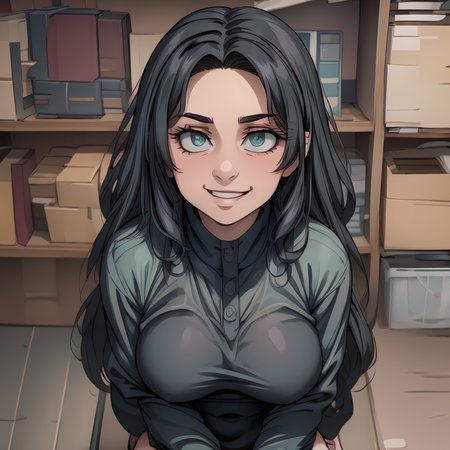 anime, illustration, <lora:hyperdenoiser_v090:0.5>, <lora:hyperrefiner_v090:0.5>, <lora:add_detail:0.3>, detailed hands, (detailed eyes:1.3), <lora:sd15_lora_beta:0.5>, <lora:perfetfingers:0.5>, <lora:ETO_OC:0.2> ETO-OC, <lora:ETO_OCC006:0.5>, ETO_OCC, (curly hair:1.3), (long hair), (black hair:1.8), thick eyebrows, pale skin, (plump:1.4), 1girl, (hazel-green eyes:1.9), smiling, (parted bangs:1.8), (apple cheeks), (round-face:1.8), (round-chin:1.7), (full body:1.9), <lora:taremeEyes_v10:0.5>, (multi-tone eyes:1.7), (large breasts), <lora:shoplifter_interrogation-10:1> shoplifter_interrogation, (sitting in a chair:1.6), blush, sweat, (zoom out), grin, smug,  <lora:just_as_planned:0.6> just_as_planned, (from above)
