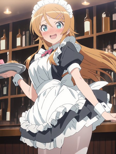 masterpiece, high score, great score, absurdres, anime screenshot, anime coloring,  <lora:Char-Kousaka_Kirino-V1-SDXL:0.9:hr=0.7>, 1girl, kousaka kirino, hair clip, solo, maid, maid headdress, maid apron, embarrassed, white pantyhose, open mouth, blush, smile, open mouth, holding plate, looking at viewer, cowboy shot, bar \(place\), indoors, depth of field