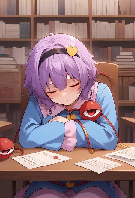 tight clothes, 1girl, komeiji satori, touhou, third eye, black hairband,exhausted, tired, whole person, satori, (front view:1.4), sitting, sitting on chair, (side view:1.3), table, writting, letter, books, sleeping on table, sleepin, blue shirt, blue clothes