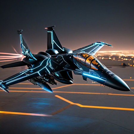 masterpiece, high detail, high resolution, photorealistic, futuristic, cyberpunk aircraft, black F15 raptor with glowing tron lines, dynamic lightning