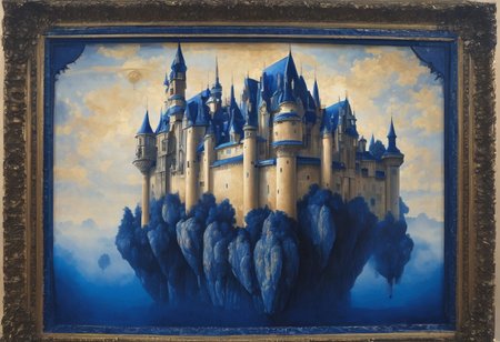 <lora:parrishstyle:0.9> (absurdres, masterpiece, biggest quality) award winning painting of a floating castle in the air, epic composition, detailed, parts made of deep blue crystal,  intricate, the greatest painting ever