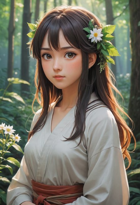 (Painted Anime:1.7), (painterly anime artwork, enchanting female woodland druid caring for the flora and fauna in her magical glade), portrait, masterpiece, fine details, breathtaking artwork, painterly art style, high quality, 8k, very detailed, high resolution, exquisite composition and lighting, Enrich the composition with soft, diffused natural light that accentuates the textures and colors, creating a timeless and culturally rich image, art by atey ghailan, painterly anime style at pixiv, art by kantoku, in art style of redjuice/necömi/rella/tiv pixiv collab, your name anime art style, inspired by wlop art style, sharp, illustration