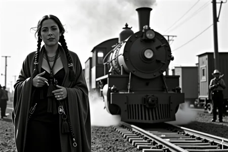 <lora:Mexican Noir Style-flux:1> mxnoirsty, black and white, dark,  Train to the Revolution (Mexican Revolutionary Noir, Vintage Ortho Film, Motion Blur for Realism)
A battered steam locomotive pulls into a desolate station, the air thick with smoke and dust. Rebel soldiers, their bandoliers glinting in the dim light, jump down from the cargo cars, their rifles slung over their backs. Among them is a womanâher long braid wrapped around her head, her face smudged with dirt but her eyes fierce with determination. She adjusts her shawl, revealing a pistol hidden beneath its folds. The camera captures the moment with motion blur as she steps onto the platform, the weight of war in her stride. The deep contrast of the orthochromatic film gives the scene an unfiltered, historical realism.