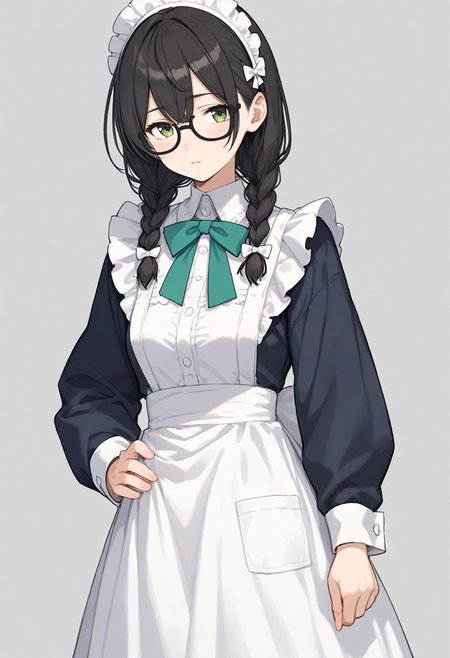 score_9, source_anime,score_8_up, score_7_up, best quality, masterpiece, 
1girl, black hair, twin braids, bangs
glasses, solo, hanakuma chifuyu,
<lora:Hyper-SDXL-8steps-lora:1>
<lora:age_slider_v4:1>
simple background, grey background,<lora:chifuyu_XL_pony:1>
maid, cowboy shot, long sleeves,