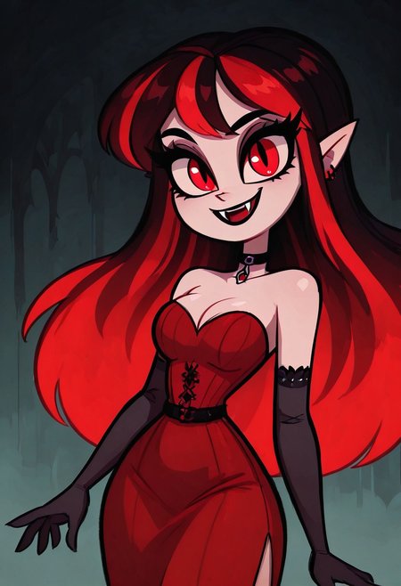 (masterpiece, best quality, good quality, very aesthetic, absurdres, newest:1.2),    solo, curvy, beautiful eyes,  1girl, solo, long hair, red hair, multicolored hair, black and red hair, looking at viewer, bangs, smile, fangs, open mouth, red eyes, pale skin, makeup, black lips, earrings, jewelry, choker, black gloves, elbow gloves, red dress, gothic,  ,      <lora:VampieNAI:1.0>, from above, dynamic pose, cowboy shot, smile, looking at viewer, shiny skin,