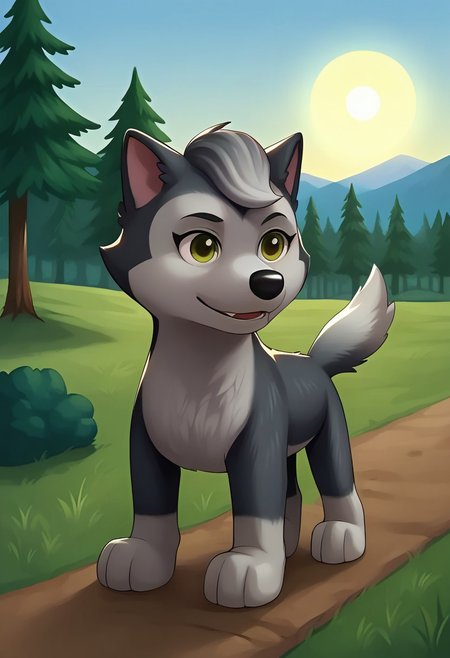 BREAK score_9, score_8_up, score_7_up, source_anime, front view, 1girl, solo, Gasket_PP, feral, dog, alaskan malamute, two tone fur, gray-white, grey tuft, green eyes, fluffy tail, grass, detailed background, day, sun, blue sky, (dynamic pose:1.5), (creativity:1.5),